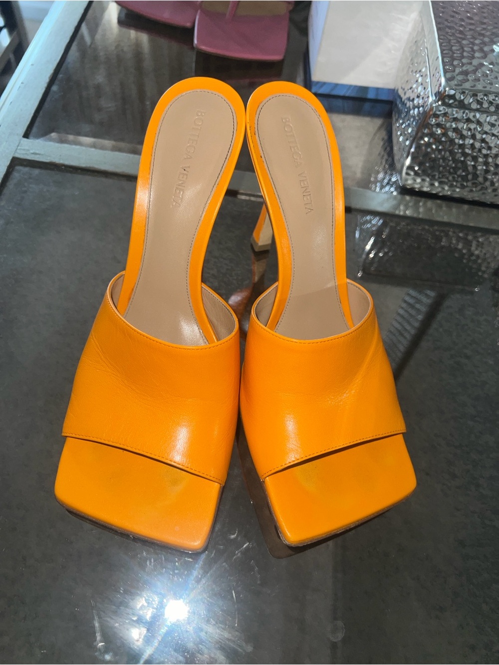 Bottega Veneta Vibrant Orange Leather Square-Toe Mule Heels